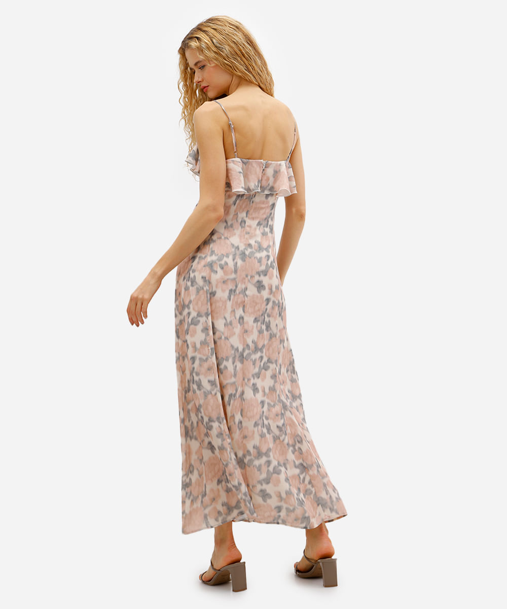 vestido longo feminino com babados floral rosa