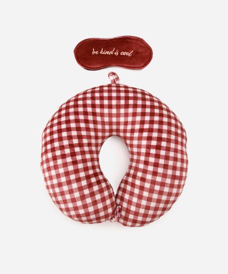 apoio de pescoço com máscara de dormir xadrez vinho