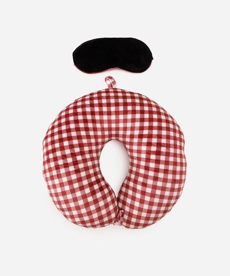 apoio de pescoço com máscara de dormir xadrez vinho
