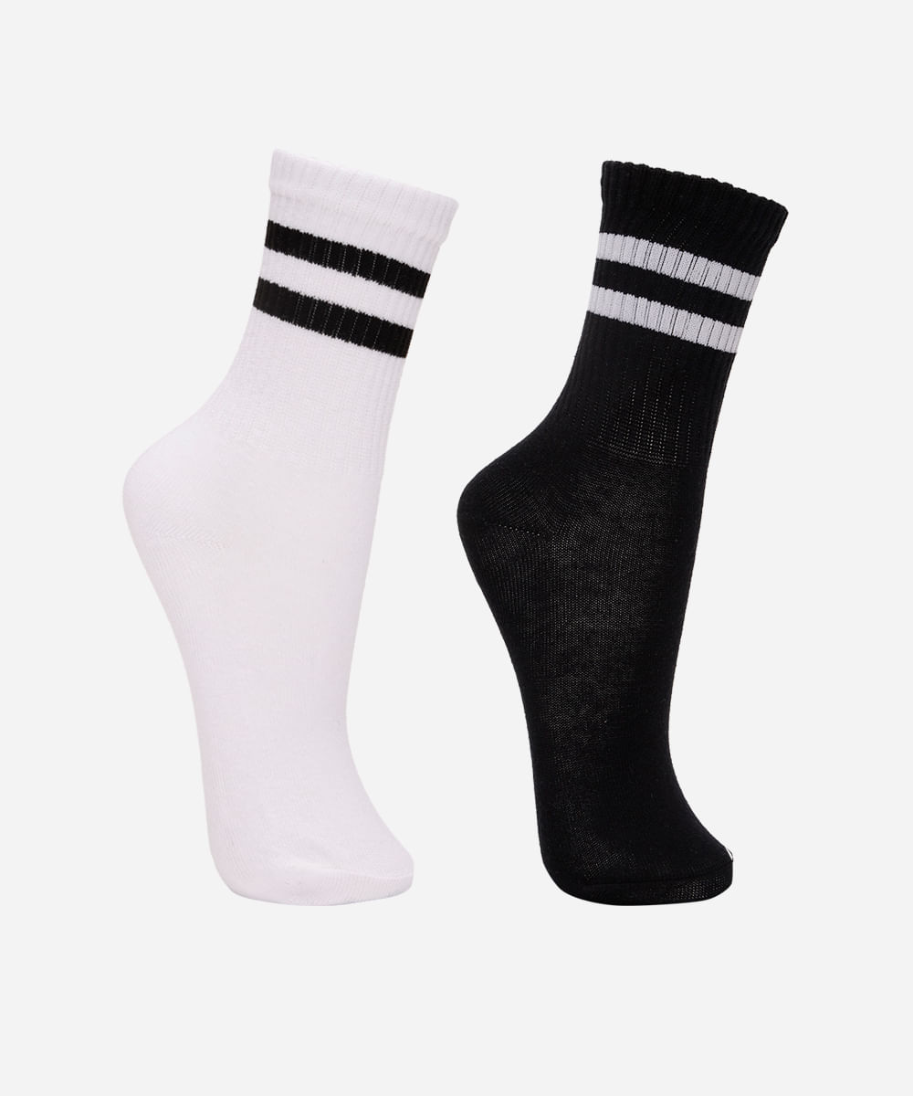 kit de 2 meias infantis cano longo com listras colorido