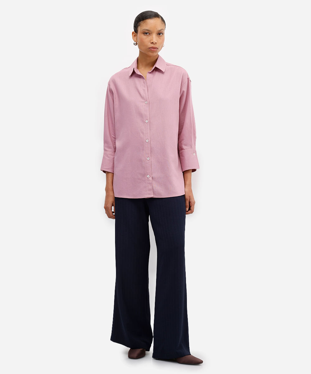 camisa feminina com linho manga longa rosa