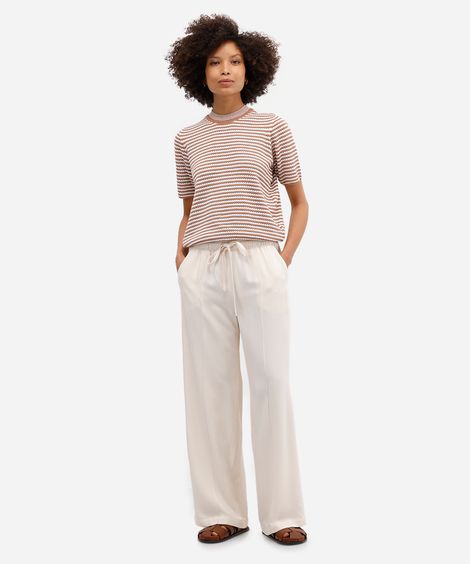 calça wide leg cropped feminina de viscose cós elástico bege