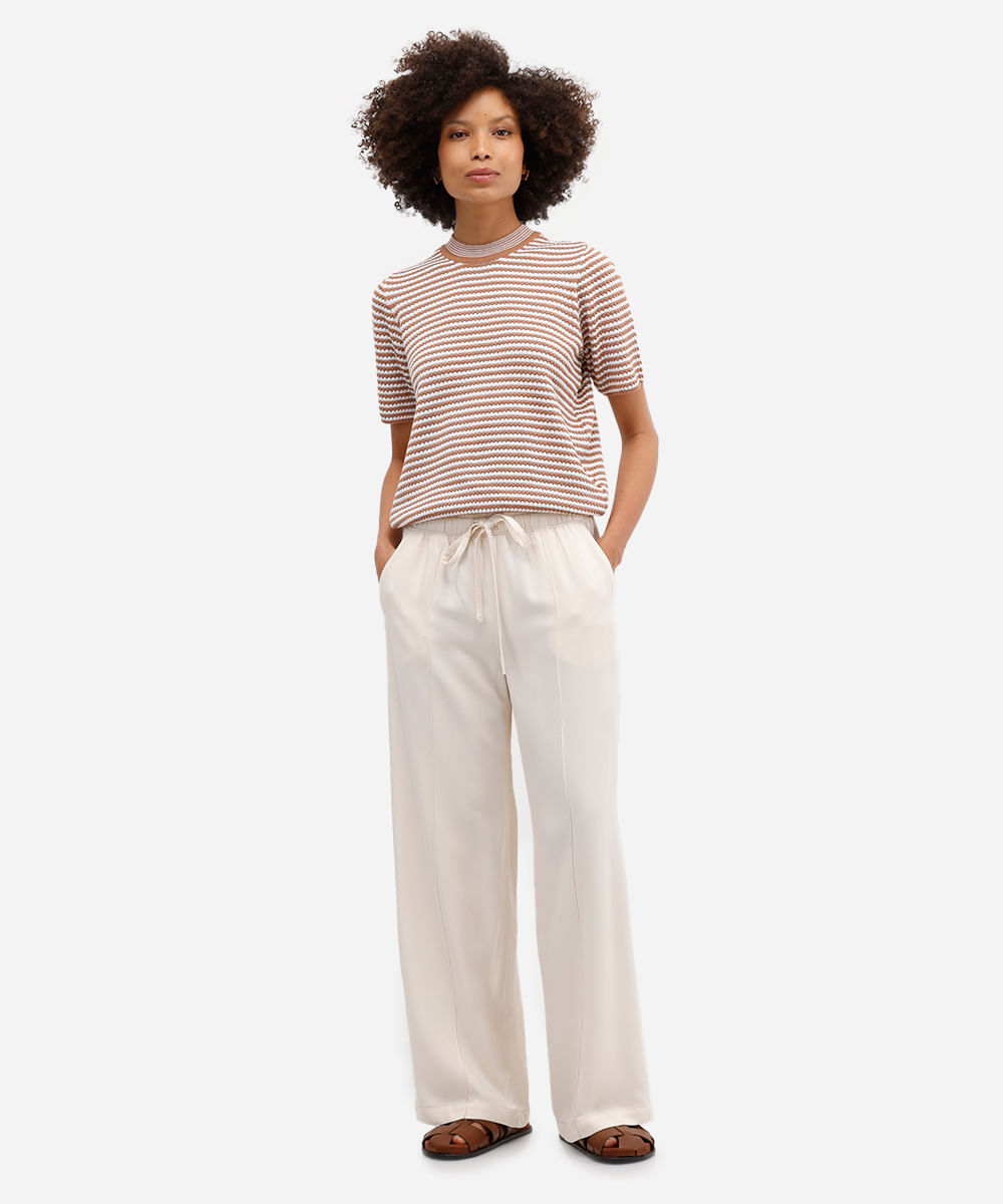calça wide leg cropped feminina de viscose cós elástico bege