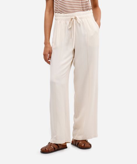 calça wide leg cropped feminina de viscose cós elástico bege