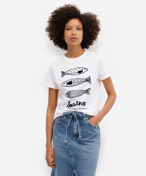 camiseta feminina de algodão sardinhas texturizada off white