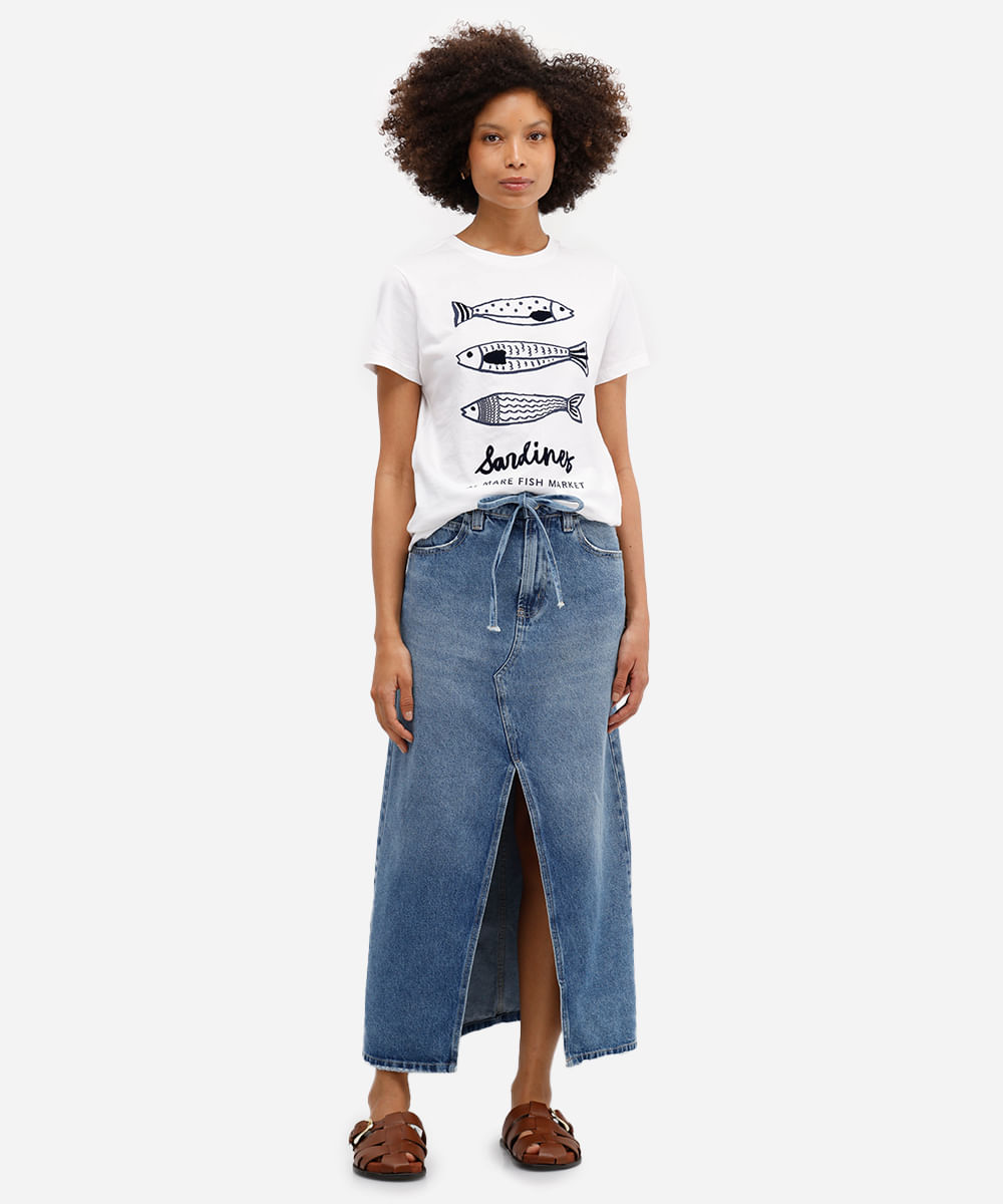 camiseta feminina de algodão sardinhas texturizada off white