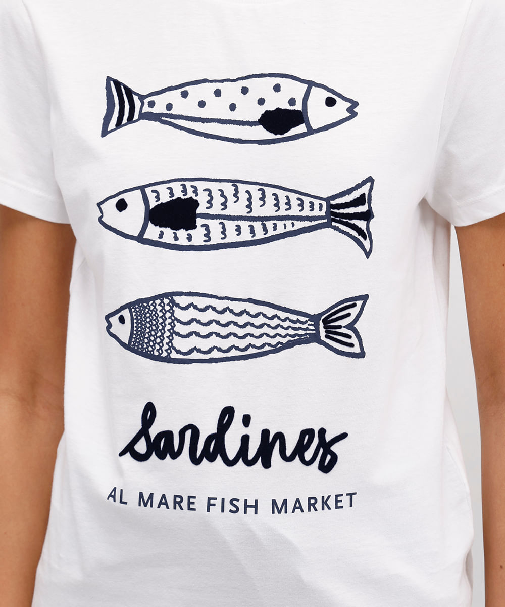 camiseta feminina de algodão sardinhas texturizada off white