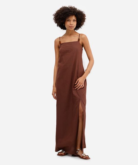 vestido longo feminino com linho e fenda  marrom