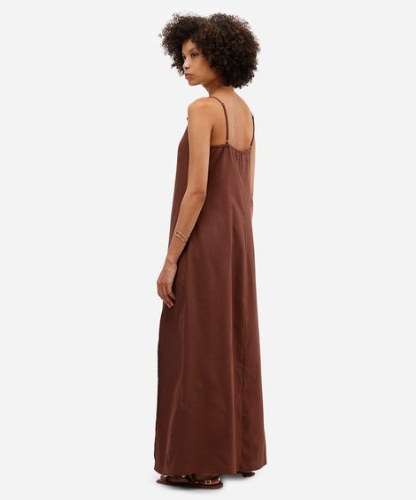 vestido longo feminino com linho e fenda  marrom