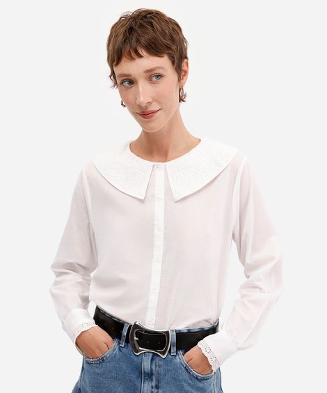 camisa feminina de algodão com gola bordada floral off white