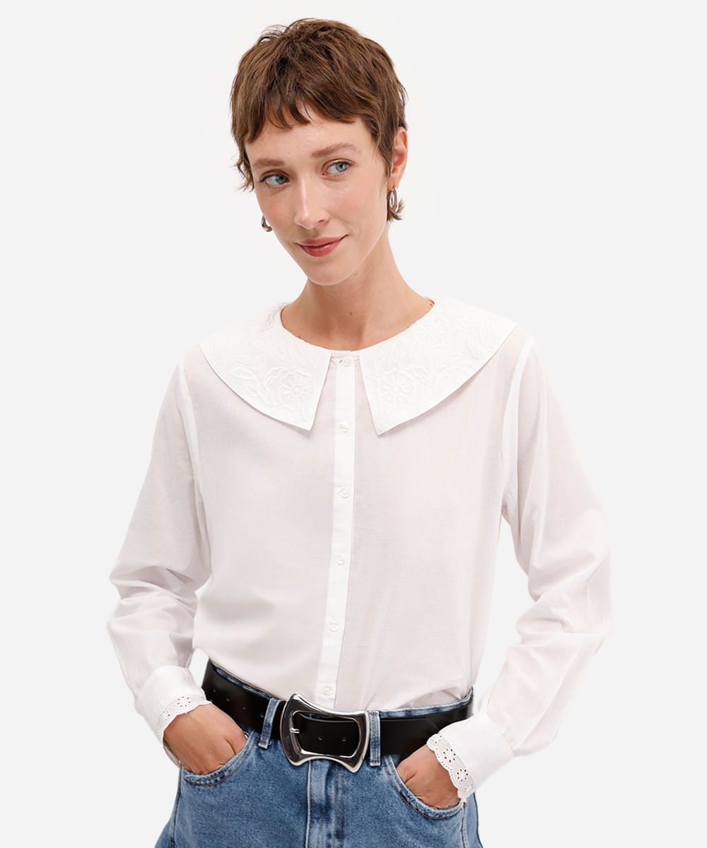 camisa feminina de algodão com gola bordada floral off white