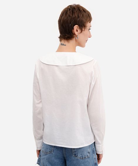camisa feminina de algodão com gola bordada floral off white