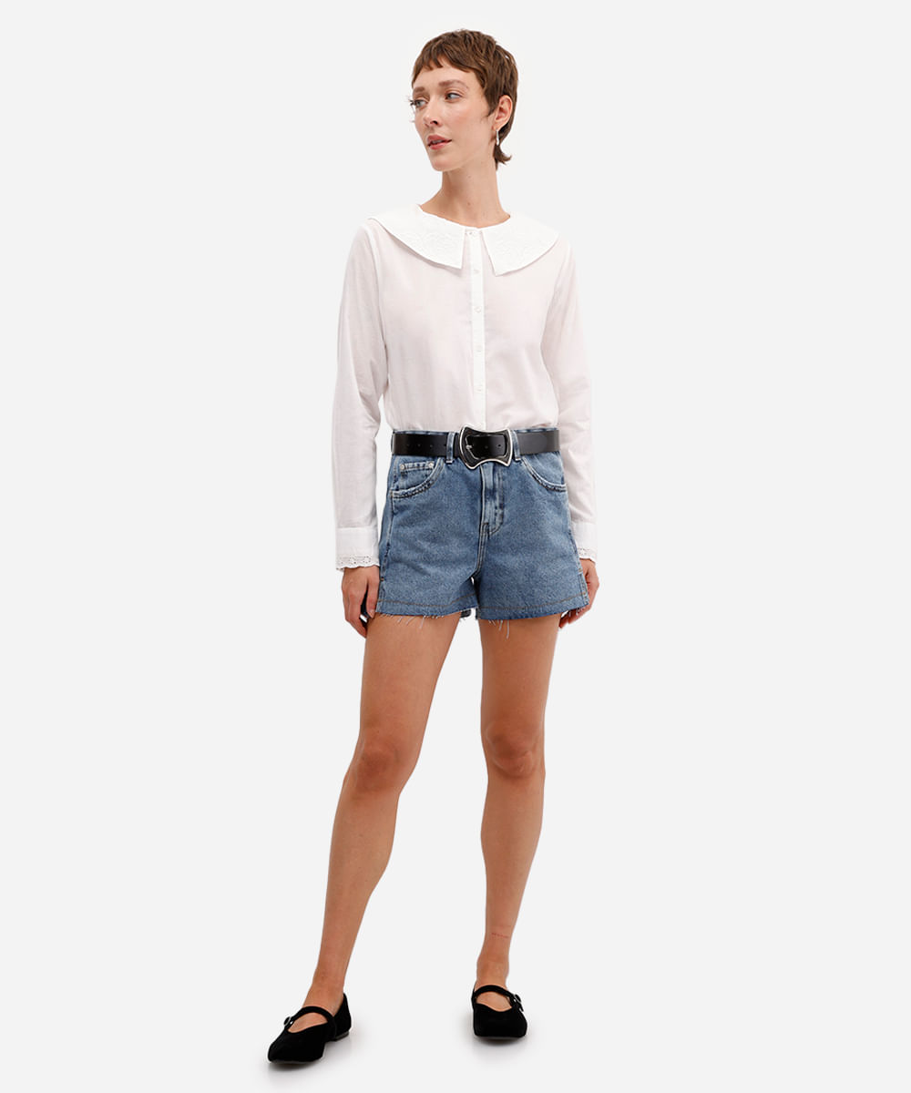 camisa feminina de algodão com gola bordada floral off white