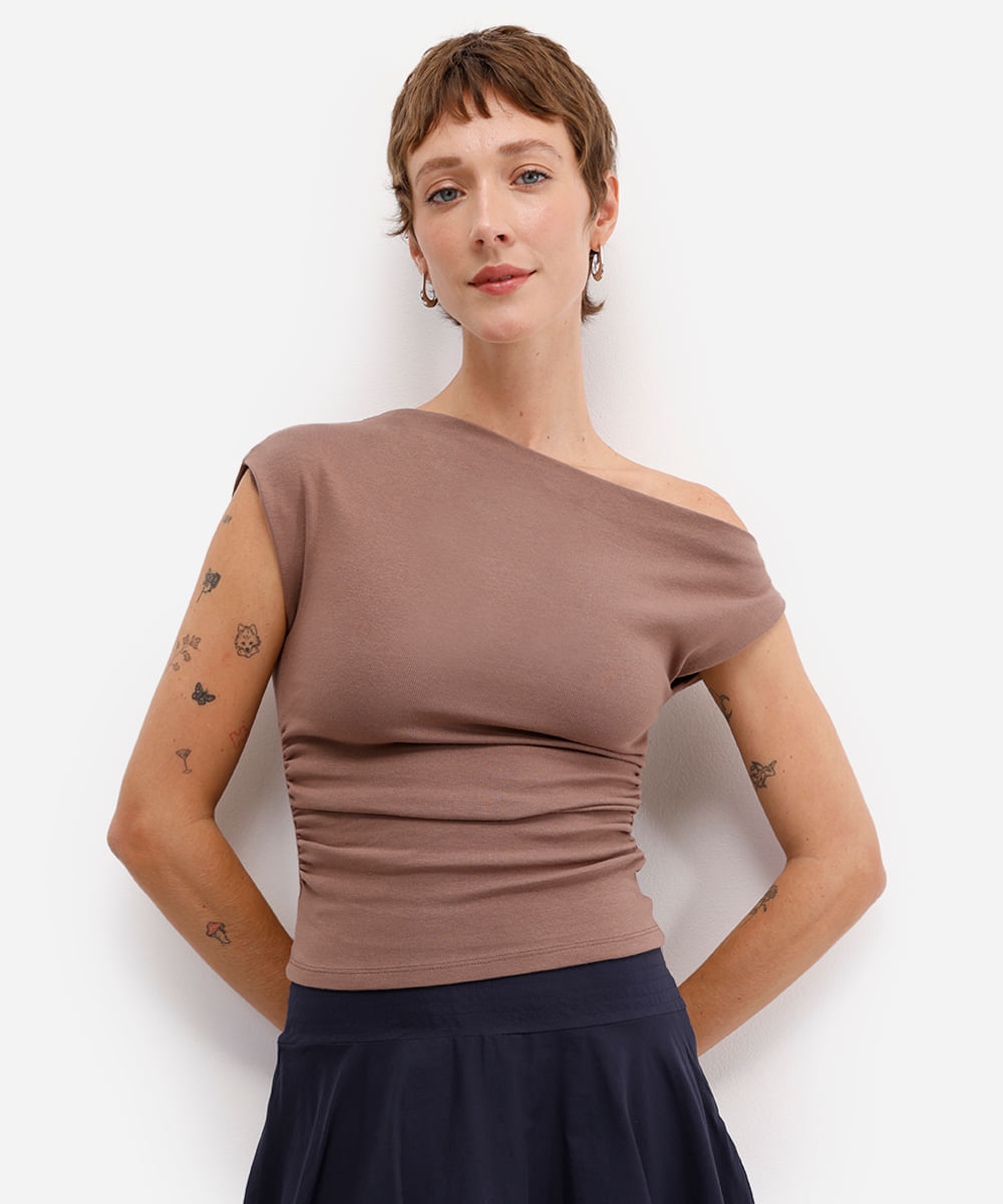 blusa feminina de algodão franzida marrom