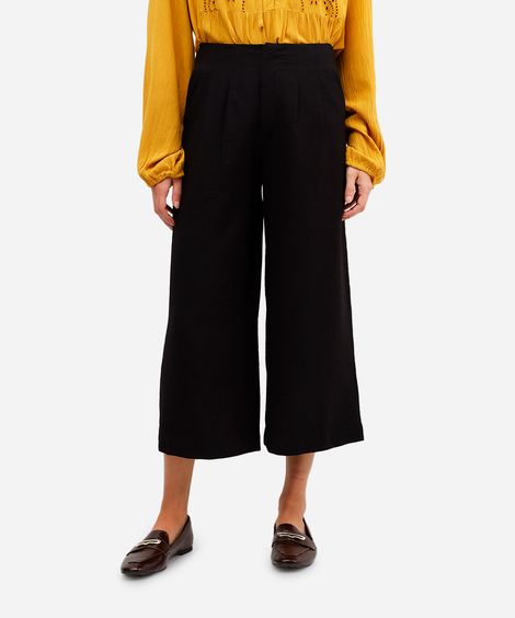 calça wide leg cropped feminina com pregas preta