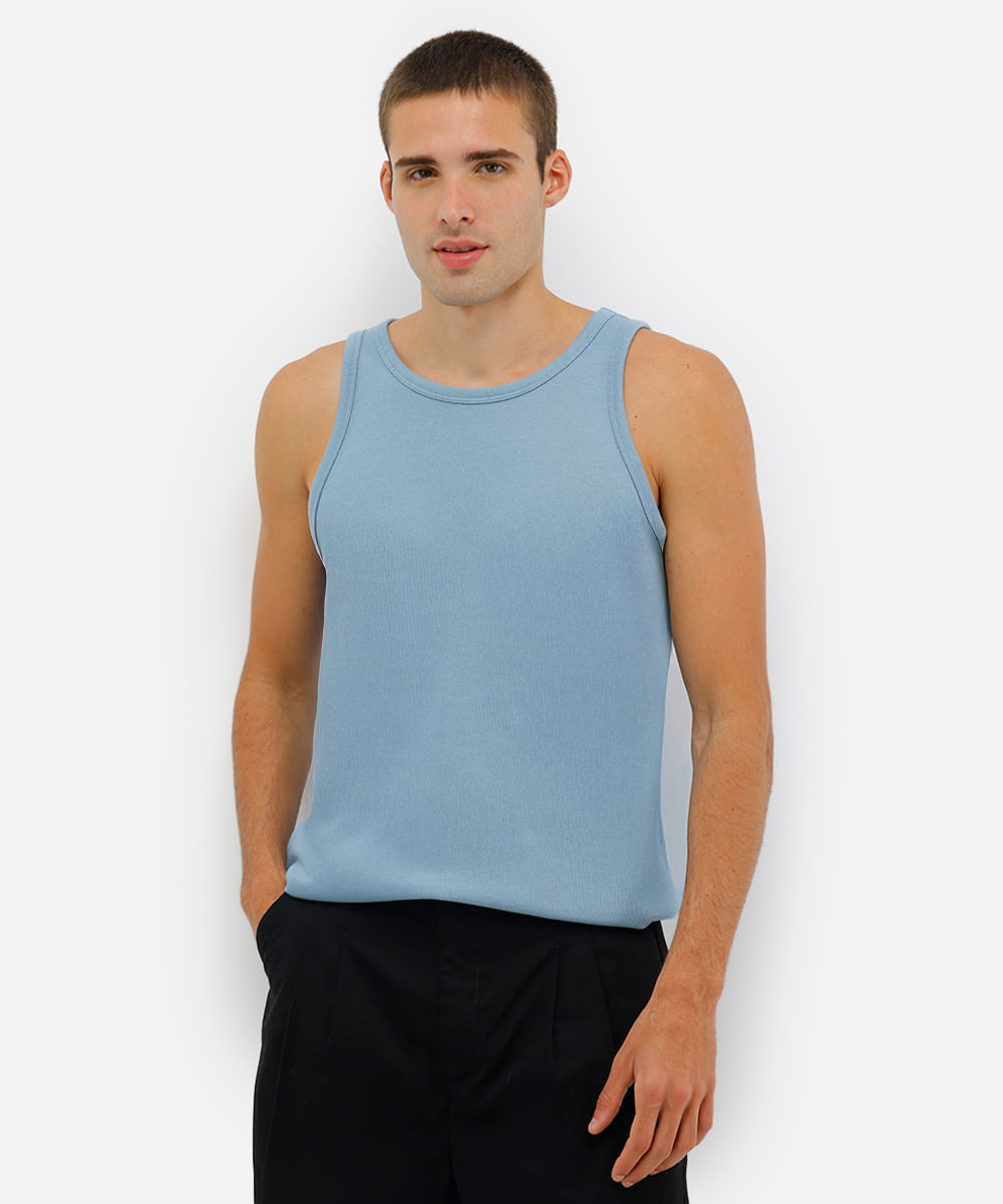 regata básica masculina de tricot com algodão peruano azul