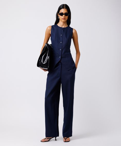 calça reta feminina de alfaiataria com linho mindset azul