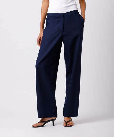 calça reta feminina de alfaiataria com linho mindset azul
