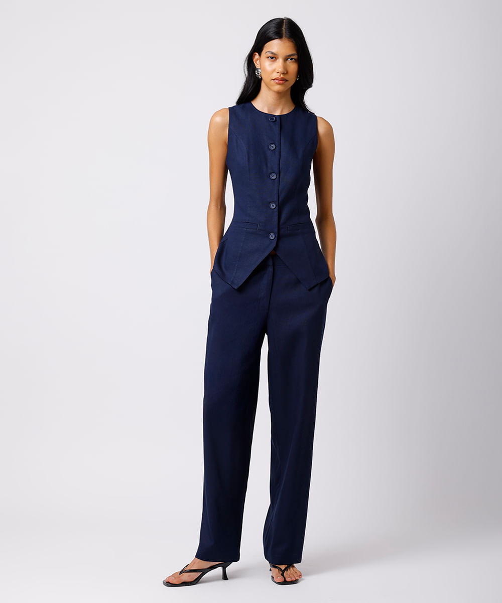 colete feminino de alfaiataria com linho mindset azul