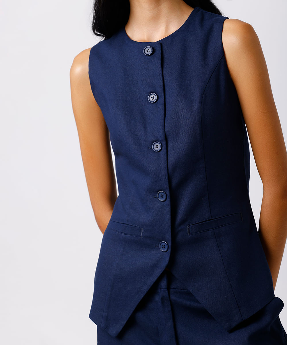 colete feminino de alfaiataria com linho mindset azul