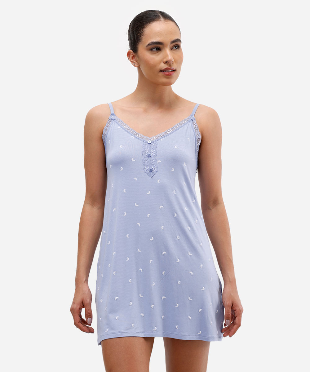 camisola feminina de viscose com renda estampada azul