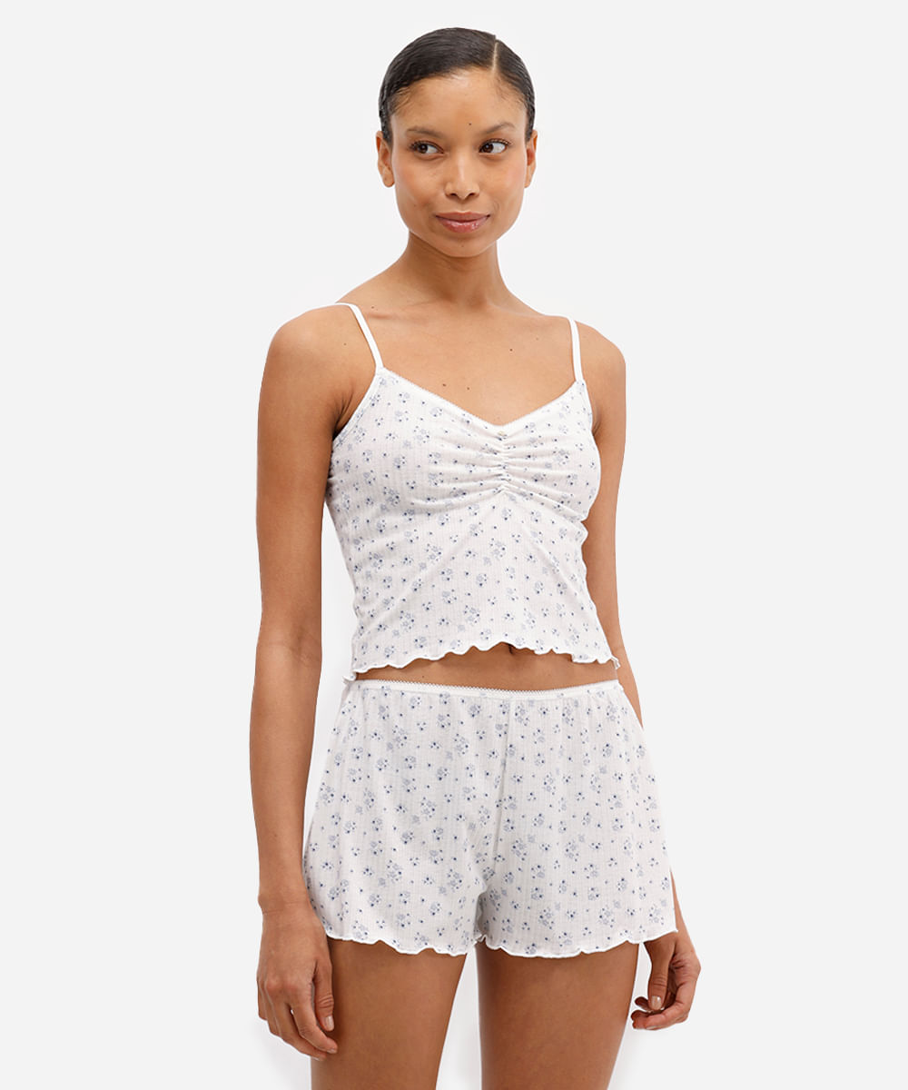 pijama short doll feminino canelado floral off white