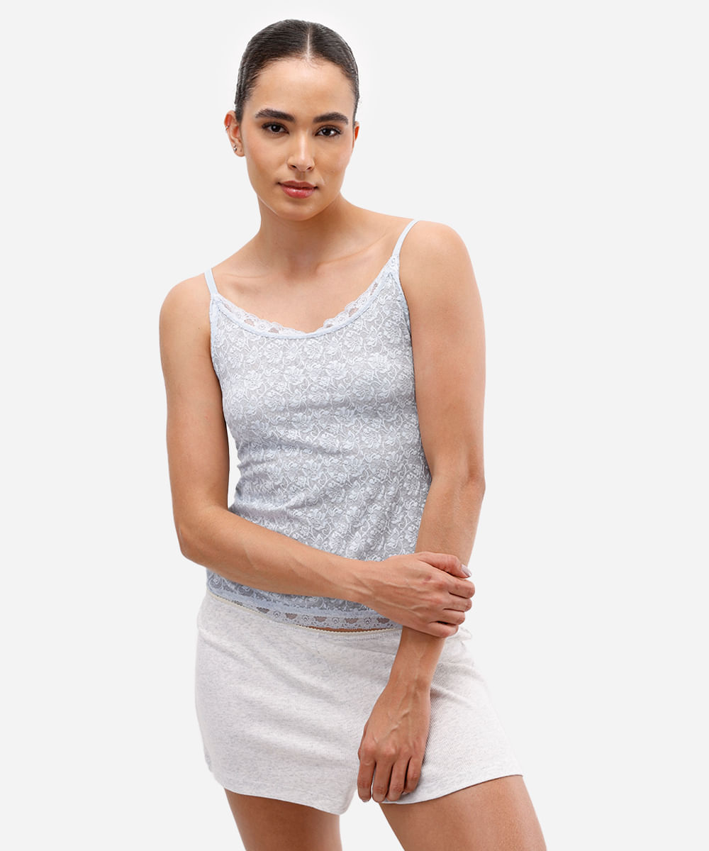 regata de pijama feminina em renda floral azul