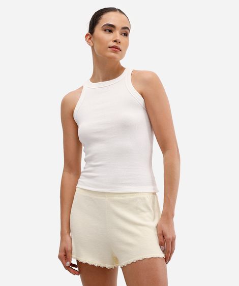 short de pijama canelado com renda amarelo