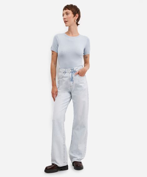 calça wide leg slim feminina jeans cintura alta azul