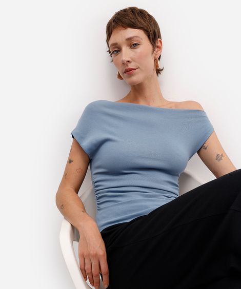 blusa feminina de algodão franzida azul