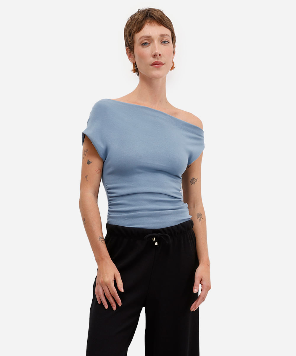 blusa feminina de algodão franzida azul