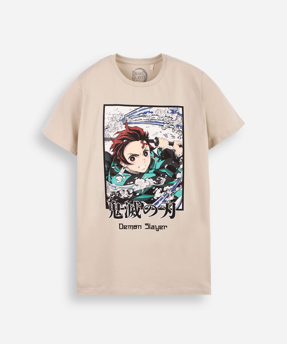camiseta infantil demon slayer tanjiro bege