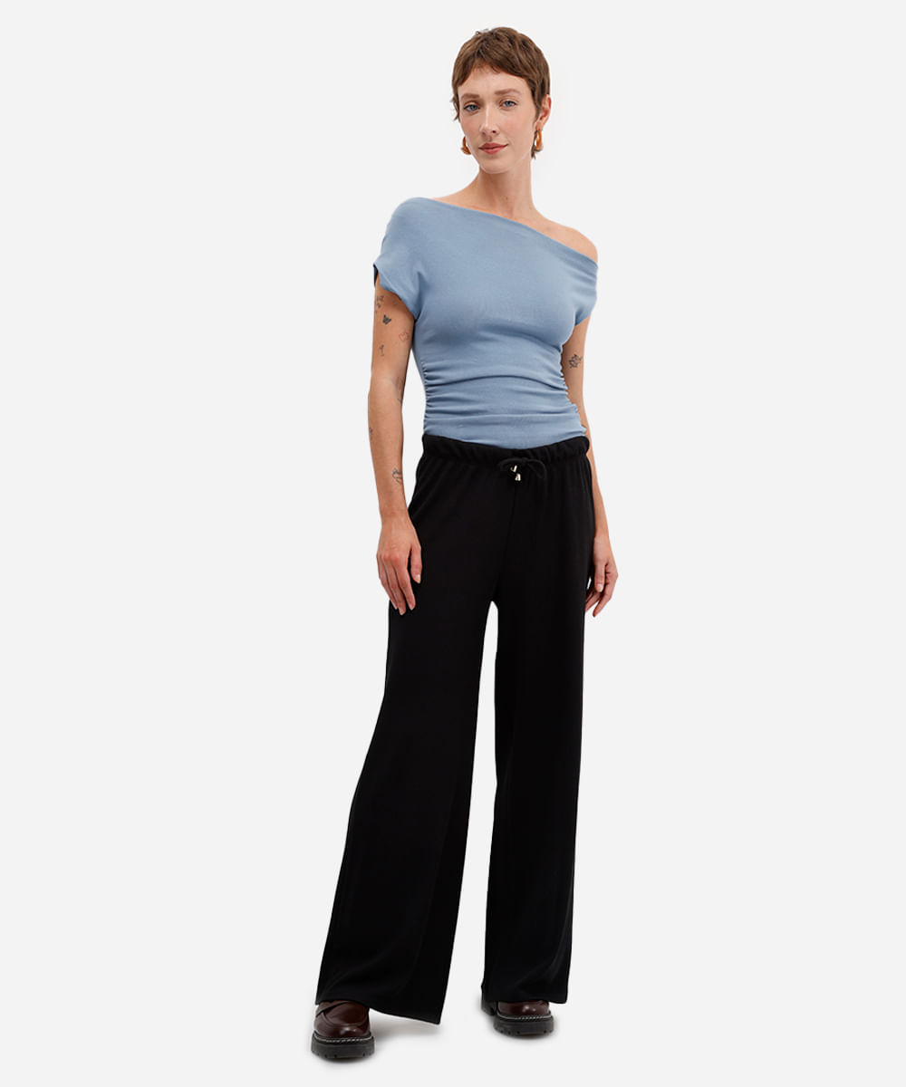 calça reta feminina texturizada cintura alta com elástico preta