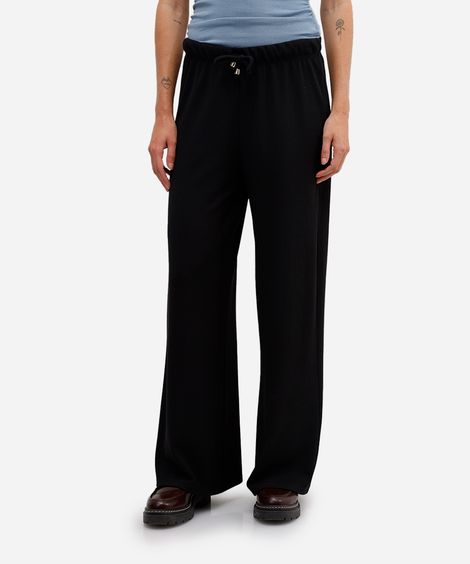 calça reta feminina texturizada cintura alta com elástico preta
