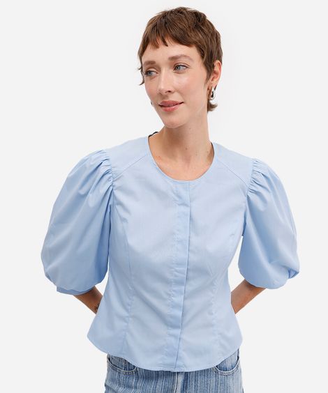 camisa feminina manga bufante decote redondo azul