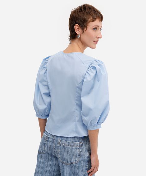 camisa feminina manga bufante decote redondo azul