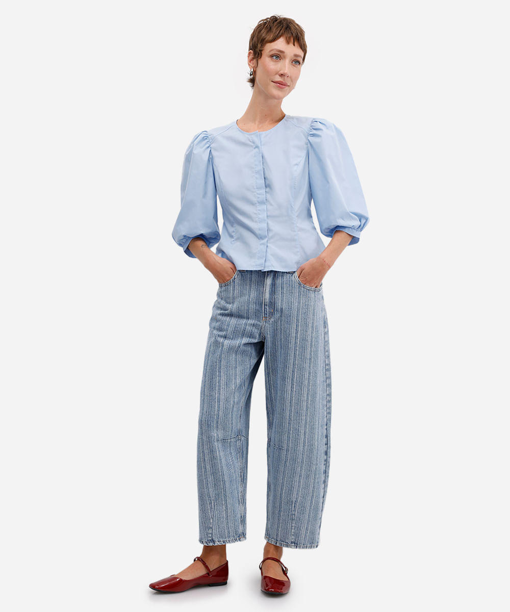 camisa feminina manga bufante decote redondo azul
