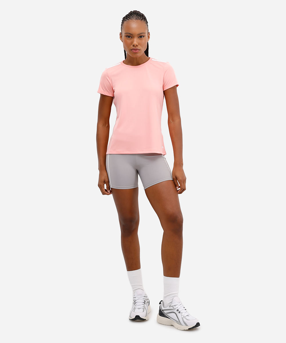 camiseta feminina manga curta tiras esportiva rosa