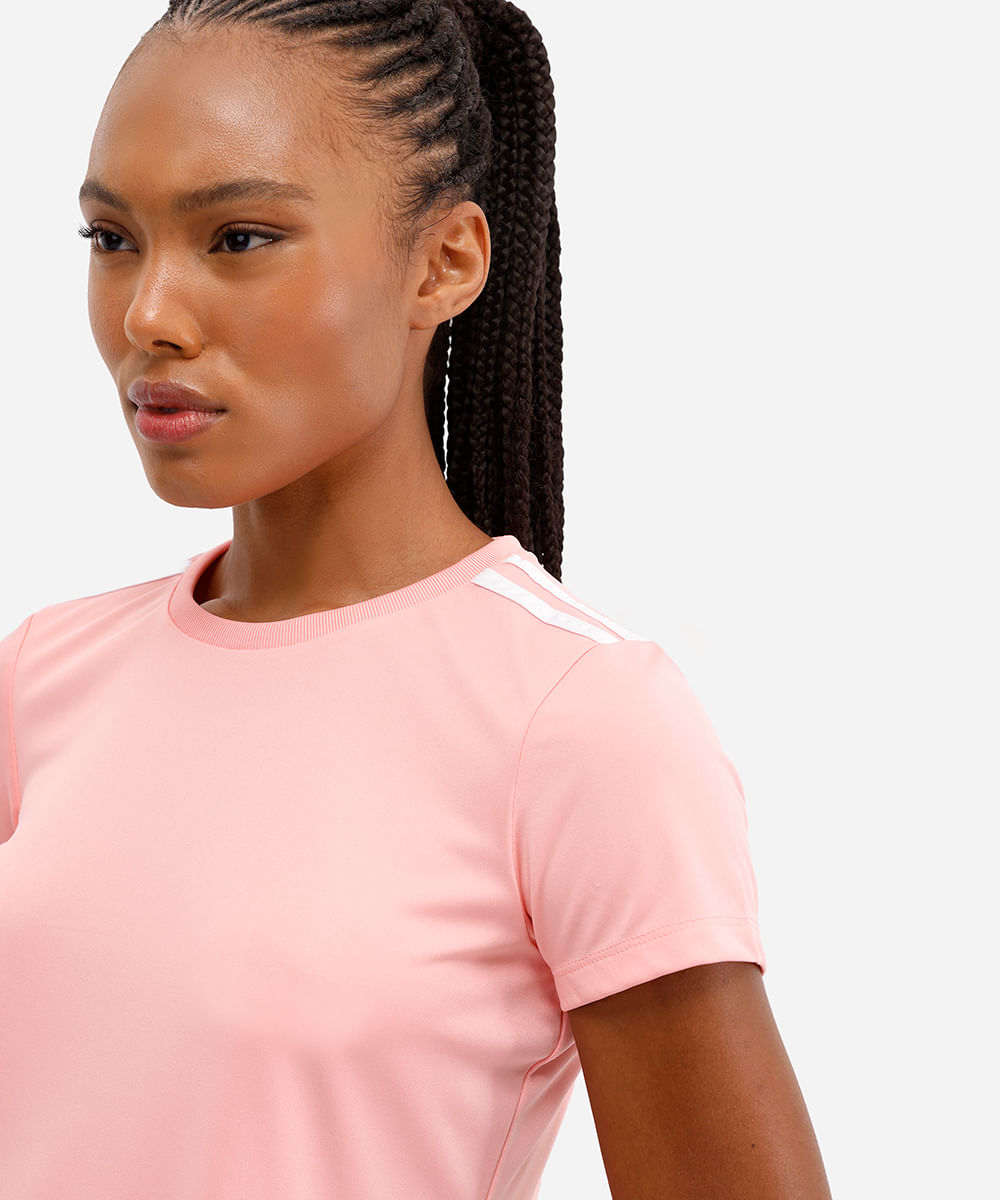 camiseta feminina manga curta tiras esportiva rosa