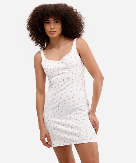 vestido curto feminino de sarja alça fina floral off white