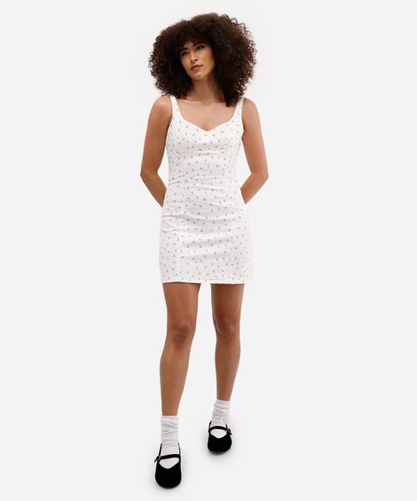 vestido curto feminino de sarja alça fina floral off white