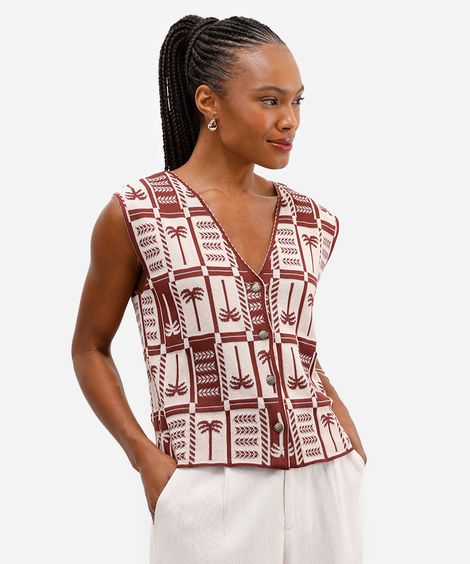 tricot feminino coqueiros com botões personalizados marrom