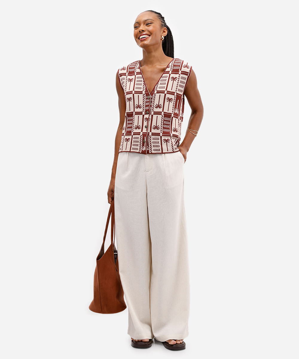 tricot feminino coqueiros com botões personalizados marrom