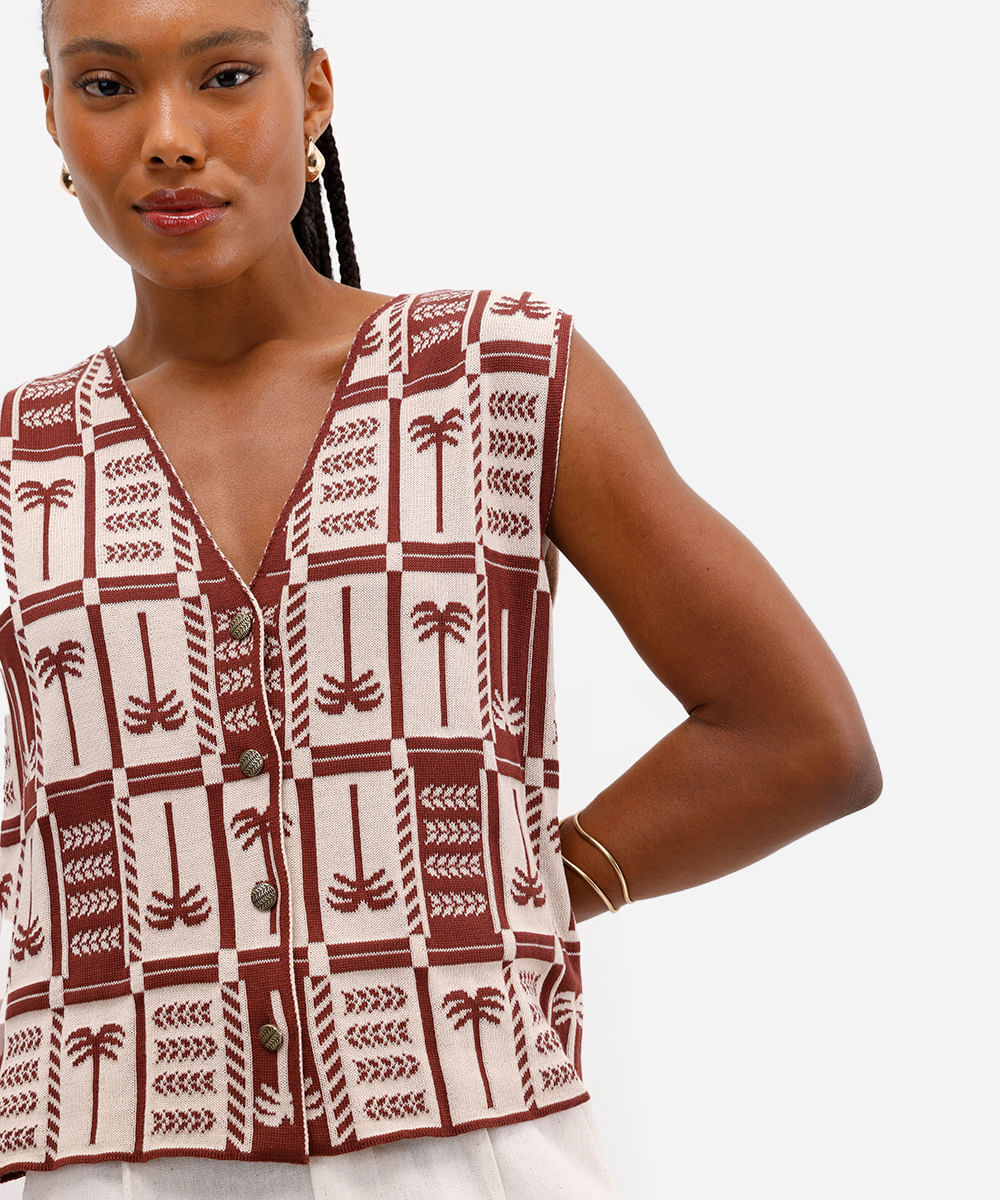 tricot feminino coqueiros com botões personalizados marrom
