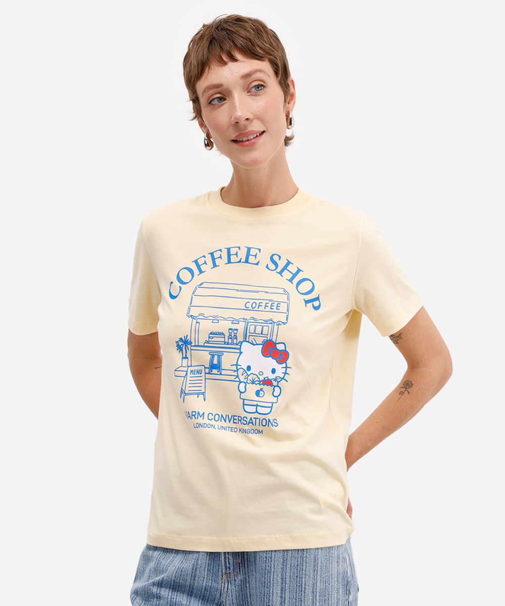 camiseta feminina de algodão hello kitty amarela