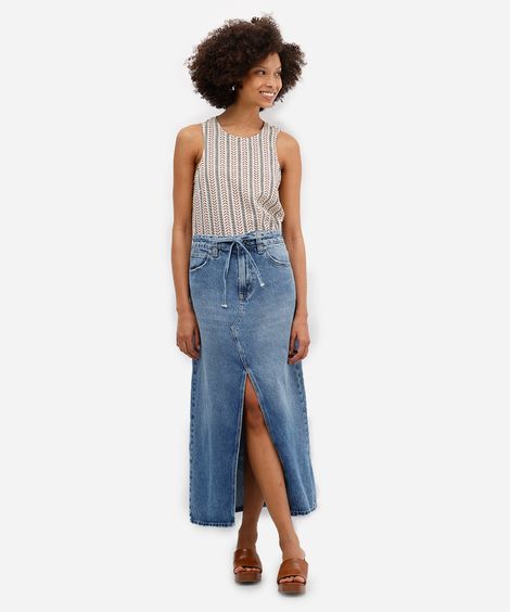 saia midi feminina jeans com fenda e cinto azul