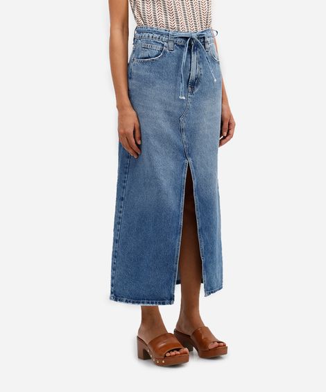 saia midi feminina jeans com fenda e cinto azul