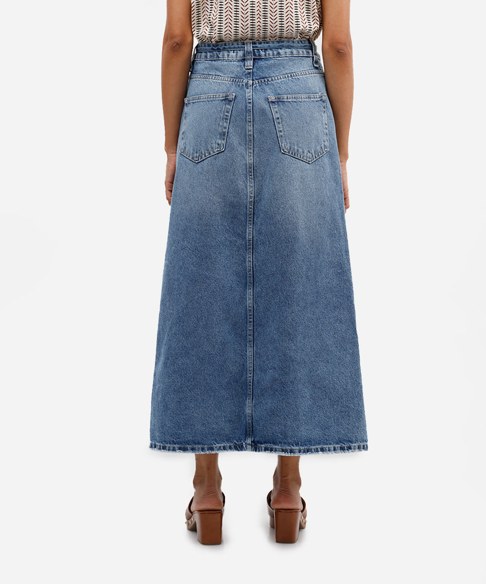 saia midi feminina jeans com fenda e cinto azul