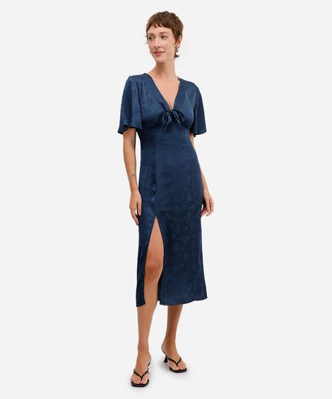 vestido midi feminino de jacquard acetinado floral azul