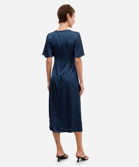 vestido midi feminino de jacquard acetinado floral azul